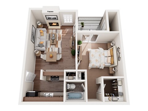 a stylized floor plan with a bedroom and living room